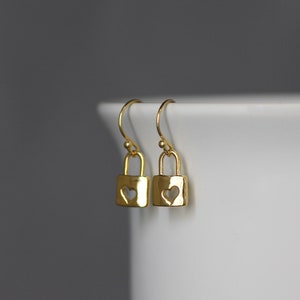Padlock Earrings - Heart Lock Earrings - Gold Heart Earrings - Heart Charm Earrings - Gold Dangles - All Gold Earrings - 18k Gold Vermeil