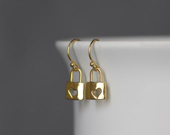 Padlock Earrings - Heart Lock Earrings - Gold Heart Earrings - Heart Charm Earrings - Gold Dangle Earrings