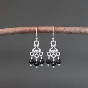 Black Spinel Earrings - Small Chandelier Earrings - Black Gemstone Earrings - Wire Wrapped - Black and Silver Earrings