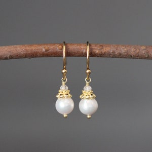 Pearl and Gold Earrings - Cubic Zirconia and Gold Earrings - Akoya Pearl Earrings - Clear Gemstone Earrings - Pearl Dangle Earrings