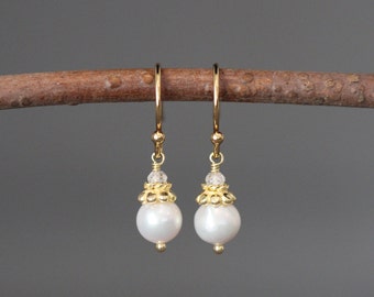 Pearl and Gold Earrings - Cubic Zirconia and Gold Earrings - Akoya Pearl Earrings - Clear Gemstone Earrings - Pearl Dangle Earrings