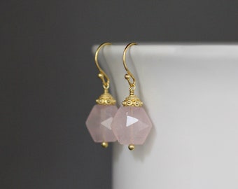 Rose Quartz Earrings - Pink Gemstone Earrings - Pink and Gold Earrings - Gold Dangle Earrings