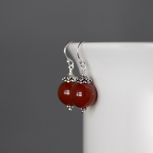 Red Agate Earrings - Bali Silver Earrings - Red Gemstone Earrings - Wire Wrapped Earrings Silver - Statement Jewelry