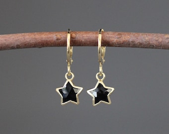 Gold Star Earrings - Onyx and Gold Earrings - Black and Gold Earrings - Gold Hoop Earrings - Black Onyx Earrings - Gold Huggie Earrings