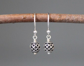 Bali Bead Earrings - Small Silver Dangle Earrings - Silver Wire Wrapped Earrings - Minimalist Silver Earrings - Beaded Earrings