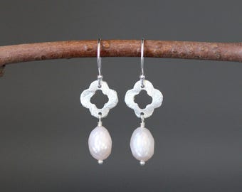 Faceted Pearl Earrings - Pearl and Silver Earrings - Brushed Silver Earrings - White Pearl Earrings - Pearl Drops - Wire Wrapped Earring