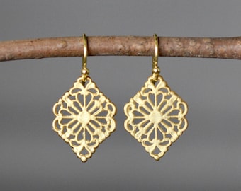 Boucles d'oreilles en filigrane d'or - Boucles d'oreilles en or mat - Or vermeil 18 carats - Boucles d'oreilles pendantes en or - Boucles d'oreilles en or léger - Boucles d'oreilles tout en or
