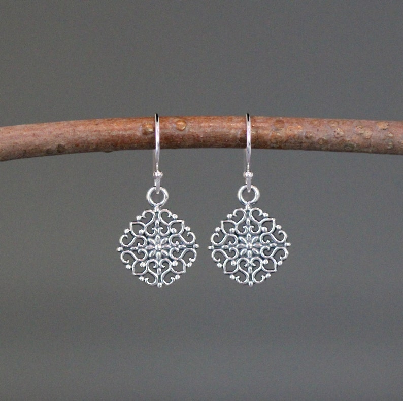 Silver Filigree Earrings Silver Flower Earrings Bali Silver Earrings Sterling Silver Earrings Silver Charm Earrings image 1