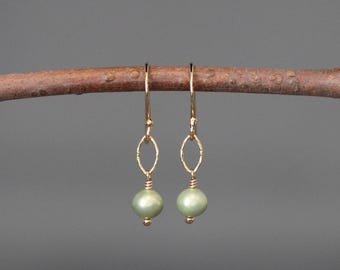 Green Freshwater Pearl Earrings - Gold Wire Wrapped Dangles - Classic Jewelry