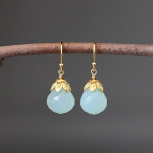 Chalcedony Earrings - Aqua Chalcedony - Green and Gold Earrings - Green Gemstone Earrings - Wire Wrap Earrings - Gold and Gemstone Earrings