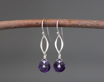 Amethyst and Silver Earrings - Purple Gemstone Earrings - Silver Link Earrings - Marquise Earrings - Silver Wire Wrapped Earrings