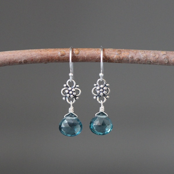 London Blue Quartz Earrings - Blue Gemstone Earrings - Bali Silver Earrings Silver - Wire Wrapped Earrings - Blue Topaz Quartz Earrings