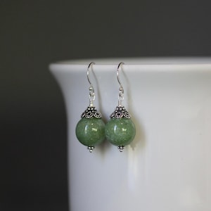 Green Jade Earrings - Green Gemstone Earrings - Bali Silver Earrings - Green and Silver Earrings - Wire Wrapped Earrings - Statement Jewelry