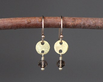 Smokey Quartz Earrings - Brown Gemstone Earrings - Brushed Gold Earrings - Small Gold Earrings