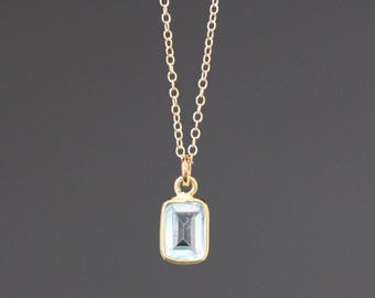 Blue Topaz Necklace - Blue Gemstone Pendant - Blue and Gold Pendant - Emerald Cut Pendant - Single Stone Necklace - Small Gold Pendant