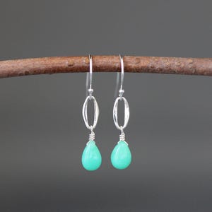 Chrysoprase Earrings - Green and Silver Earrings - Green Gemstone Earrings - Chrysocal Earrings - Silver Link Earrings - Wire Wrap Earrings