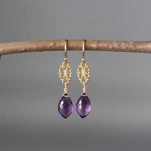 Amethyst and Gold Earrings - Purple Gemstone Earrings - Gold Dangle Earrings - Gold Link Earrings - Purple and Gold Earrings - Gold Vermeil