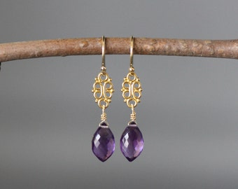 Amethyst and Gold Earrings - Purple Gemstone Earrings - Gold Dangle Earrings - Gold Link Earrings