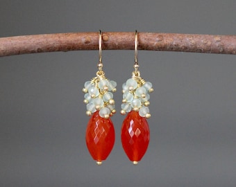 Carnelian Earrings - Orange and Gold Earrings - Green Chalcedony Earrings - Orange and Green Earrings - Chandelier Earrings