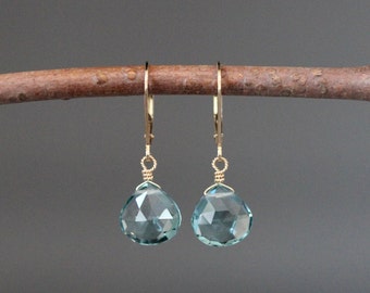 Teal Blue Quartz Earrings - Blue Gemstone Earrings - Gold Wire Wrapped Earrings - Gold Leverback Earrings - Single Stone Earrings