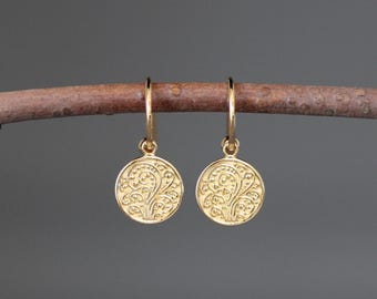 Gold Medallion Earrings - Gold Mandala Earrings - Gold Coin Earrings - Post Hoop Earrings - Small Gold Earrings - All Gold Earrings