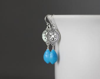 Turquoise and Silver Earrings - Blue Gemstone Earrings - Silver Filigree Earrings - Bali Silver Earrings - Statement Earrings