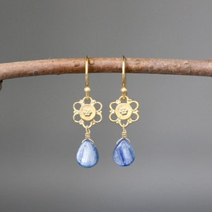 Kyanite Earrings - Blue Gemstone Earrings - Kyanite and Gold Earrings - Wire Wrapped Earrings Gold - Gold Flower Earrings - Blue and Gold
