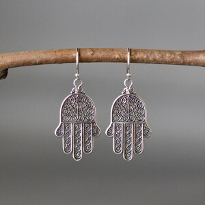 Silver Hamsa Earrings - Hamsa Hand Earrings - Hand of Fatima - Judaica Jewelry - Silver Filigree Earrings - Bat Mitzvah Gift