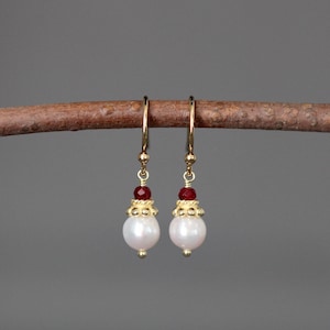 Ruby and Pearl Earrings - Pearl and Gem Earrings - Akoya Pearl Earrings - Red Gemstone Earrings - Ruby and Gold Earrings - Bridal Jewelry