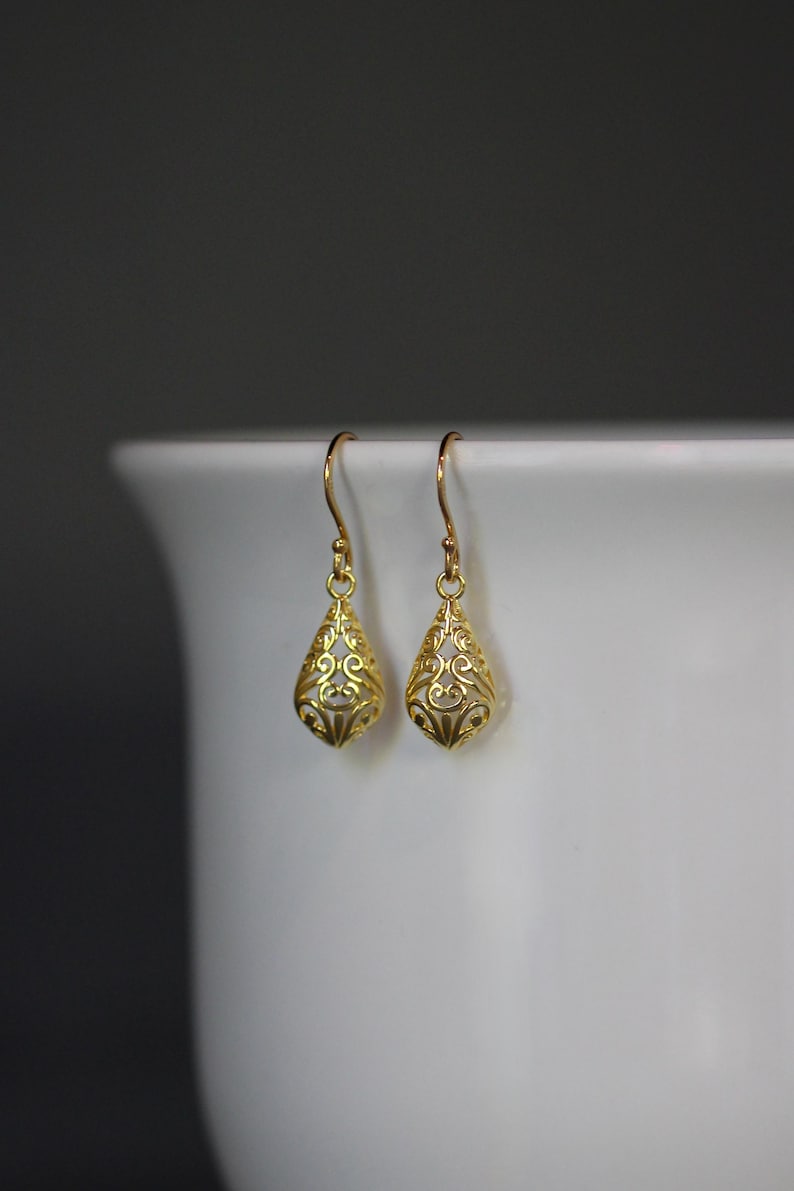 Gold Filigree Earrings - 24k Gold Vermeil Earrings - Gold Charm Earrings - Gold Dangle Earrings - Everyday Jewelry image 4