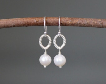 Pearl and Silver Earrings - Bali Silver Earrings - White Pearl Earrings - Pearl Dangle Earrings - Pearl Drop Earrings - Wire Wrapped Earring