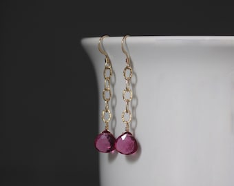 Fuchsia Quartz Earrings - Gemstone and Gold Earrings - Pink Gemstone Earrings - Gold Chain Earrings - Long Dangle Earrings