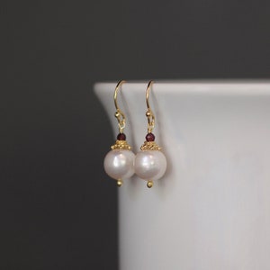 Pearl and Gemstone Earrings - Garnet and Gold Earrings - Akoya Pearl Earrings - Red Gemstone Earrings - Pearl and Garnet Earrings
