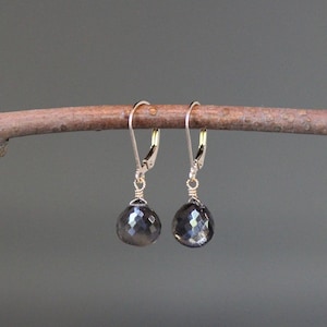 Black Moonstone Earrings - Black Gemstone Earrings - Gold Wire Wrapped Earrings - Gold Leverback Earrings - Single Stone Earrings