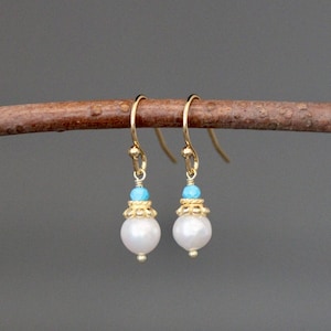 Turquoise and Gold Earrings - Akoya Pearl Earrings - Pearl and Gemstone Earrings - Pearl and Gold Earrings - Gold Dangle Earrings