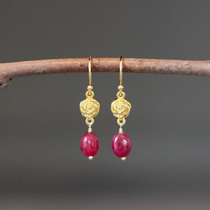 Ruby and Gold Earrings - Gold Flower Earrings - Rose Flower Earrings - Red Gemstone Earrings - 24k Gold Vermeil