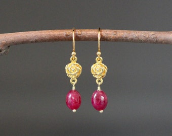 Ruby and Gold Earrings - Gold Flower Earrings - Rose Flower Earrings - Red Gemstone Earrings - 24k Gold Vermeil