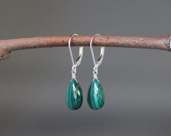 Malachite Earrings - Green Gemstone Jewelry - Silver Wire Wrapped - Leverback Earwires - Single Stones