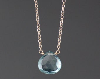 Blue Aquamarine Quartz Necklace - March Birthstone Jewelry - Single Gemstone Wire Wrapped Pendant - 14k Gold Filled Chain