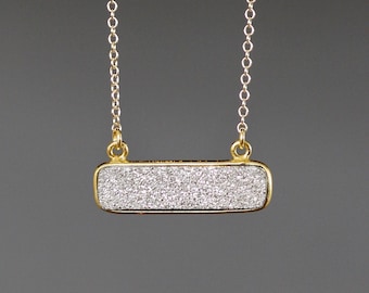 Silver Druzy Necklace - Druzy Pendant - Druzy Bar Necklace - Silver and Gold Necklace - Multicolor Necklace - Sparkling Jewelry