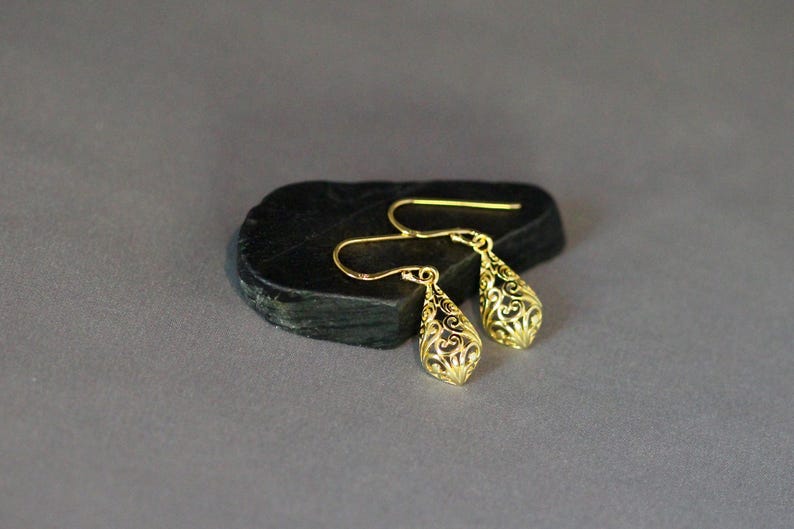 Gold Filigree Earrings - 24k Gold Vermeil Earrings - Gold Charm Earrings - Gold Dangle Earrings - Everyday Jewelry image 5