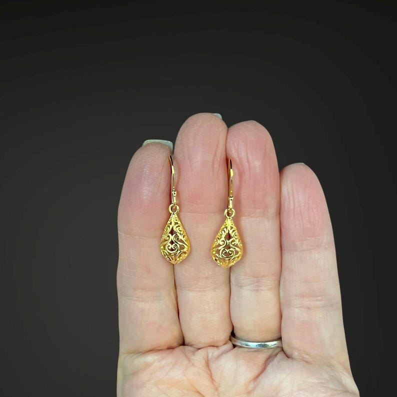 Gold Filigree Earrings - 24k Gold Vermeil Earrings - Gold Charm Earrings - Gold Dangle Earrings - Everyday Jewelry image 6