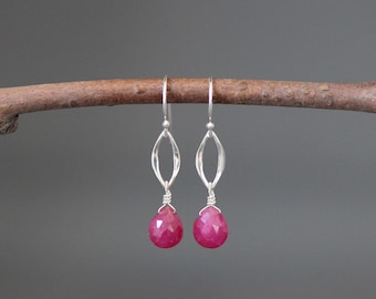 Ruby Earrings - Ruby and Silver Earrings - Pink Gemstone Earrings - Silver Link Earrings - Marquise Earrings