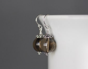 Smokey Quartz Earrings - Brown Gemstone Earrings - Bali Silver Earrings - Wire Wrapped Earrings - Round Gemstone Earrings