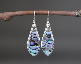 Abalone Earrings - Bali Silver Earrings - Silver Filigree Earrings - Paua Shell Earrings - Rainbow Shell Earrings