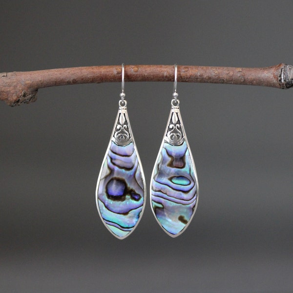 Abalone Earrings - Bali Silver Earrings - Silver Filigree Earrings - Paua Shell Earrings - Rainbow Shell Earrings