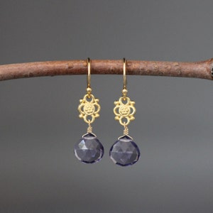 Iolite Quartz Earrings - Gold Dangle Earrings - Blue Gemstone Earrings - Gold Link Earrings - Blue and Gold Earrings - Wire Wrapped Earrings