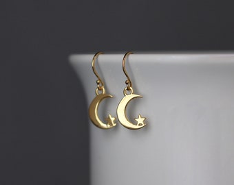 Star and Moon Earrings - Gold Star Earrings - Gold Moon Earrings - Celestial Earrings - 24k Gold Vermeil Earrings