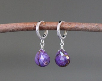 Purple Turquoise Earrings - Turquoise and Silver Earrings - Silver Hoop Earrings - Copper Turquoise Earrings - Silver Huggie Earrings