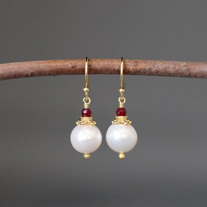 Pearl and Gemstone Earrings - Ruby and Gold Earrings - Akoya Pearl Earrings - Red Gemstones - Pearl and Gold Earrings - Ruby and Pearl